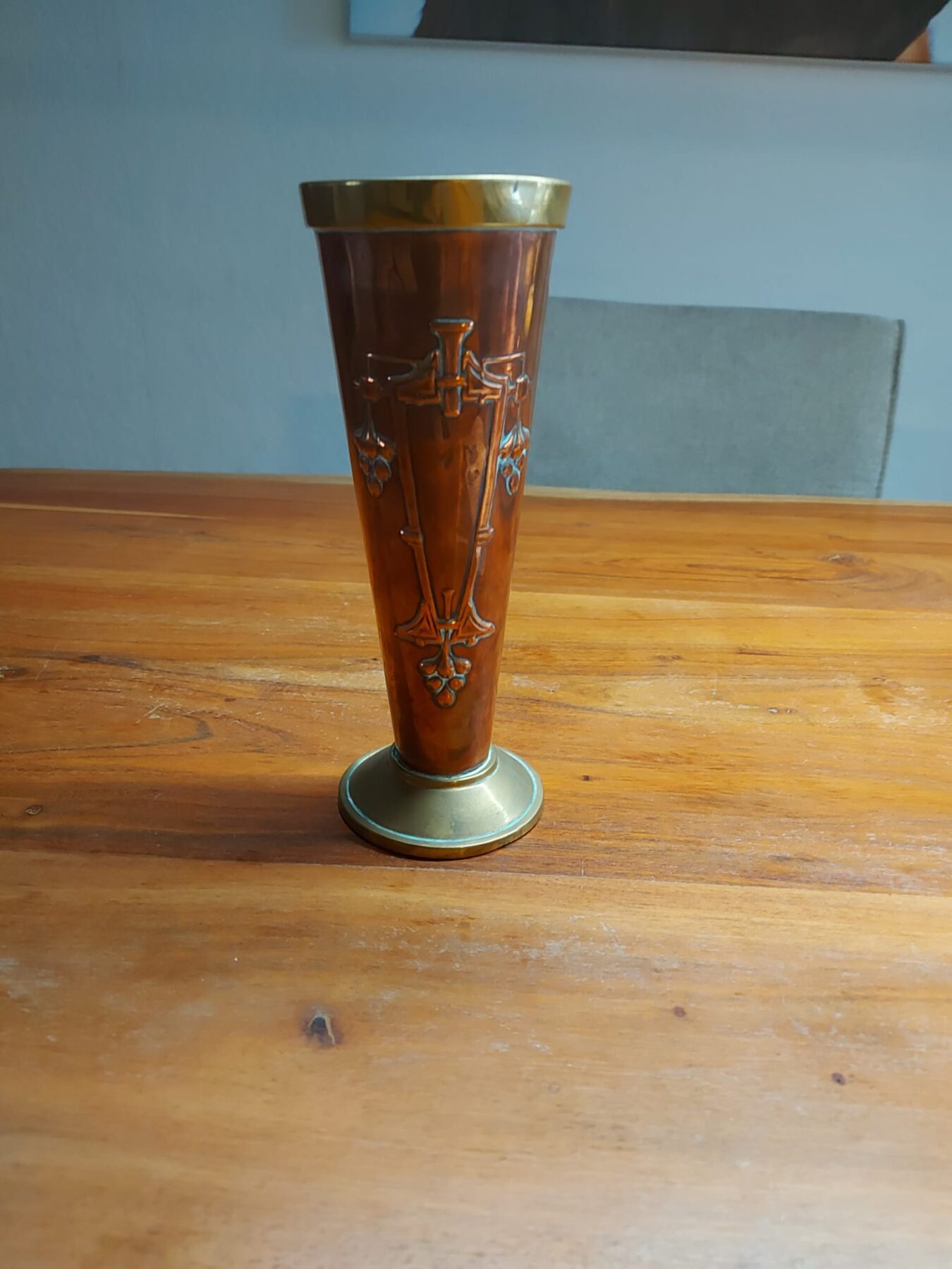 Koperen vaasje met koperen en messing details - Afbeelding 2