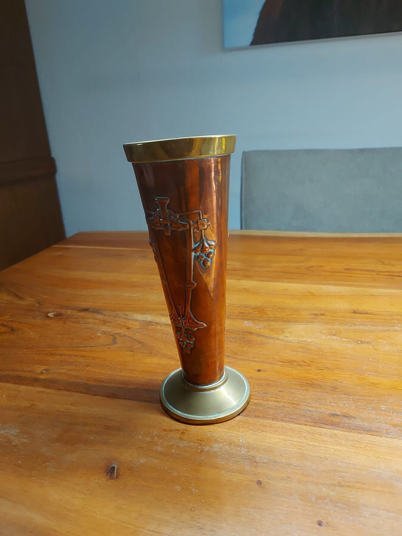 Koperen vaasje met koperen en messing details - Afbeelding 3